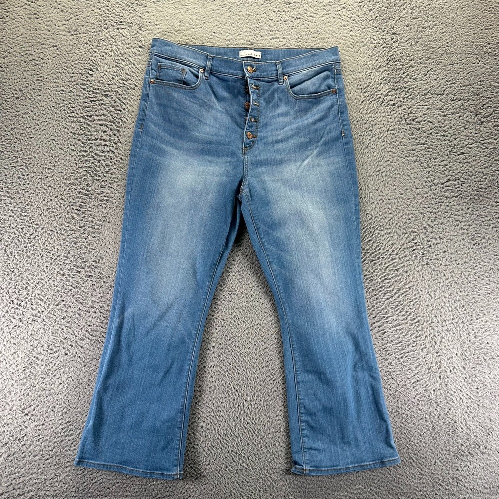 Loft The Kick Jeans Womens 12 Blue Cotton Denim Cropped ButtonFly Faded Stretch